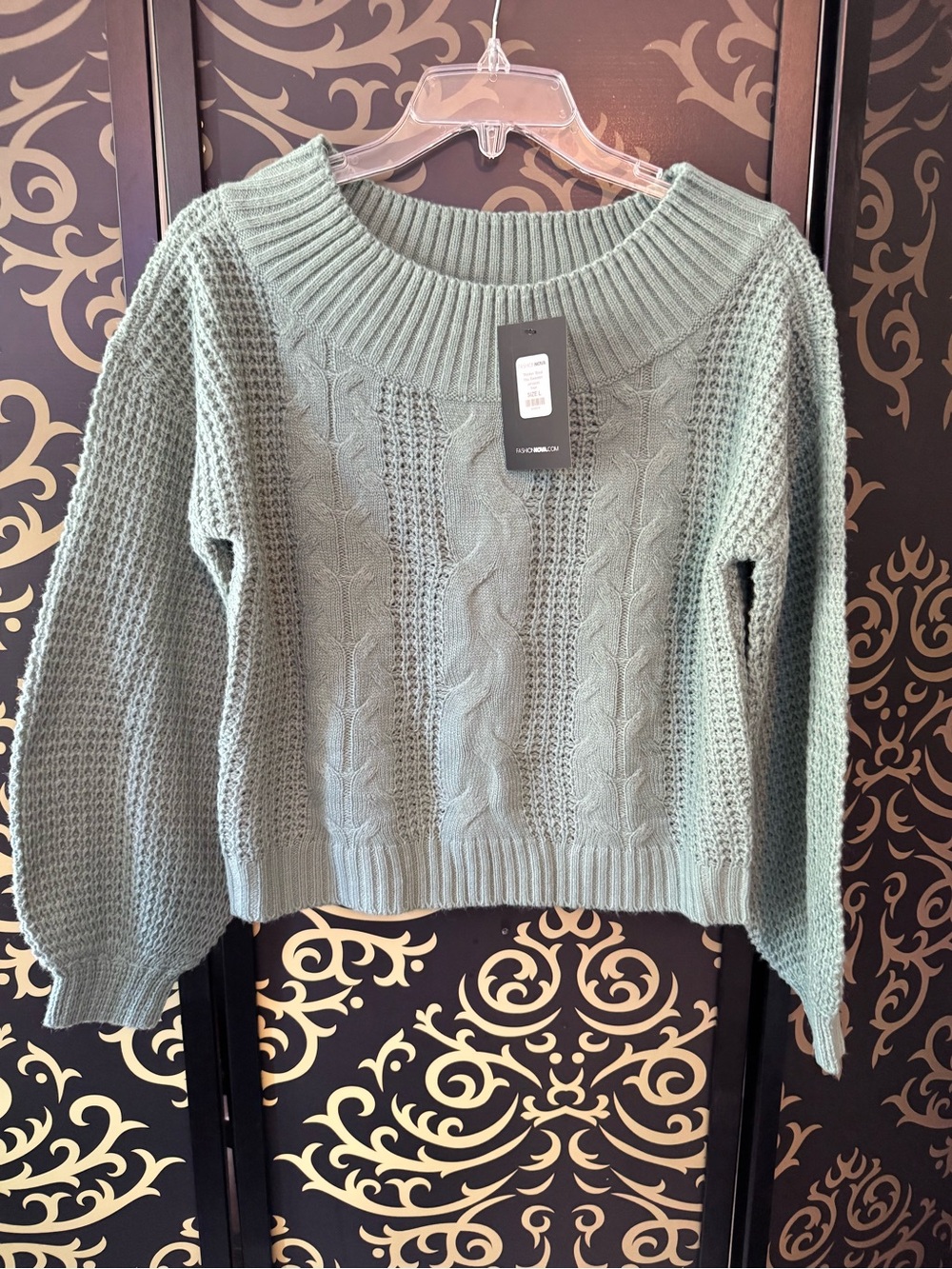 Fashion Nova Sage Green Cable Knit Wide-Neck Sweater